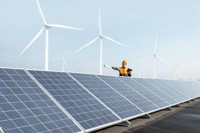 An engineer in a hard hat inspecting solar panels at a renewable energy farm with wind turbines.